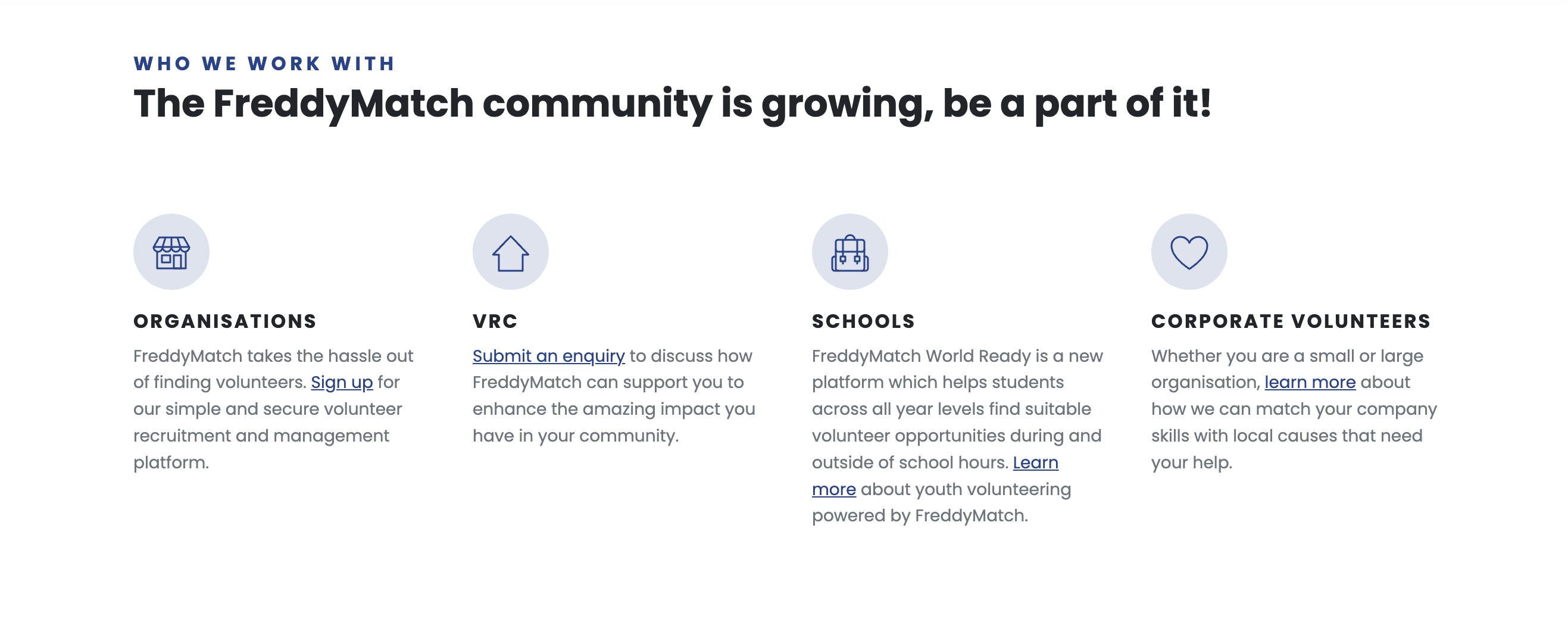 the FreddyMatch community includes organisations VRC schools and corporate volunteers